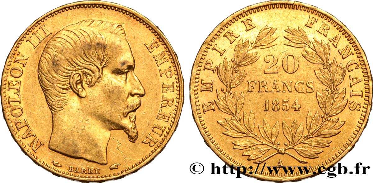 20 francs or Napoléon III, tête nue 1854 Paris F.531/2 AU50 