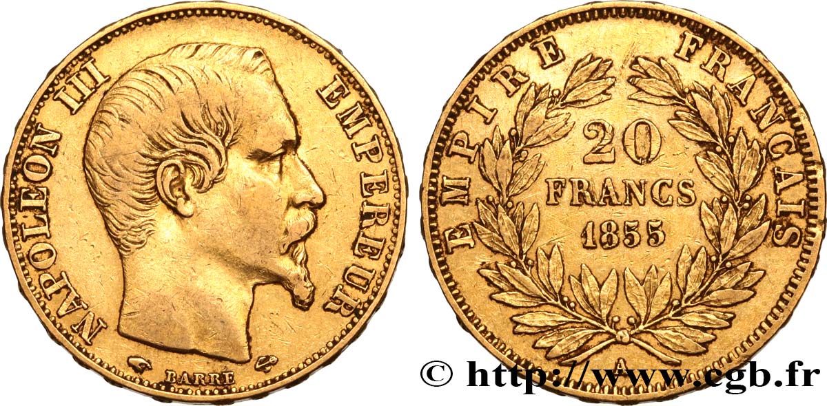 20 francs or Napoléon III, tête nue 1855 Paris F.531/4 SS40 
