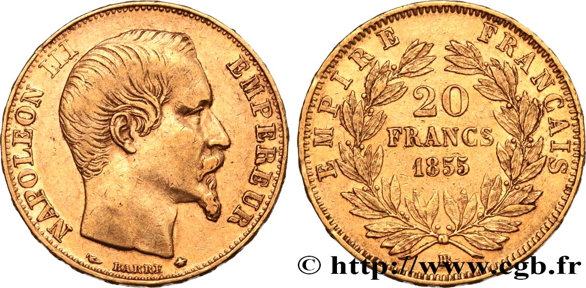 20 francs or Napoléon III, tête nue, chien/abeille 1855 Strasbourg F.531/5 MBC45 