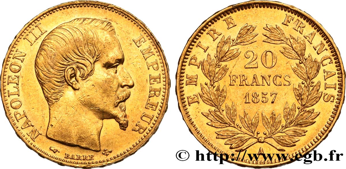 20 francs or Napoléon III, tête nue 1857 Paris F.531/12 EBC58 