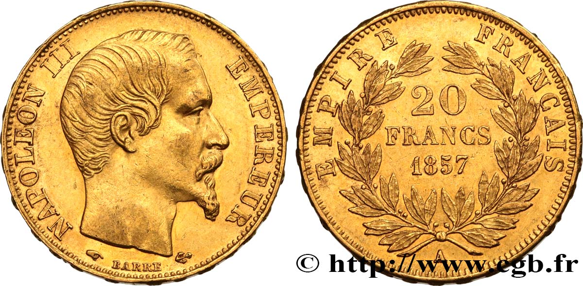 20 francs or Napoléon III, tête nue 1857 Paris F.531/12 AU55 