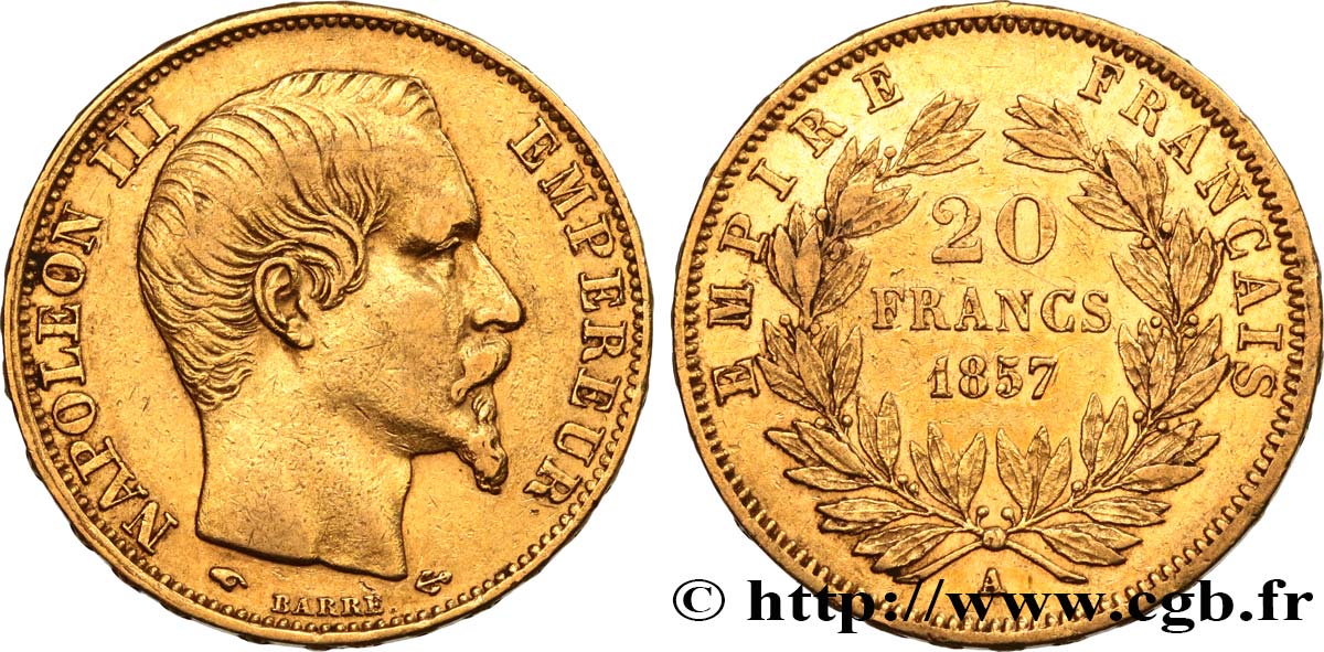 20 francs or Napoléon III, tête nue 1857 Paris F.531/12 SS45 