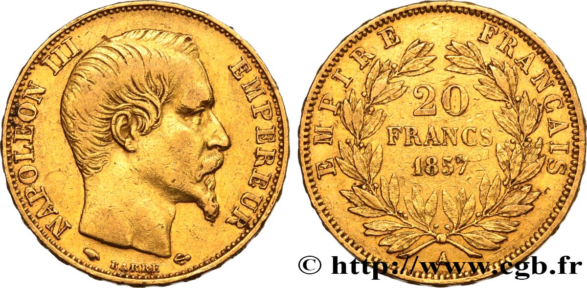 20 francs or Napoléon III, tête nue 1857 Paris F.531/12 SS40 