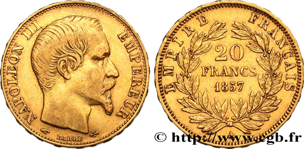 20 francs or Napoléon III, tête nue 1857 Paris F.531/12 SS45 