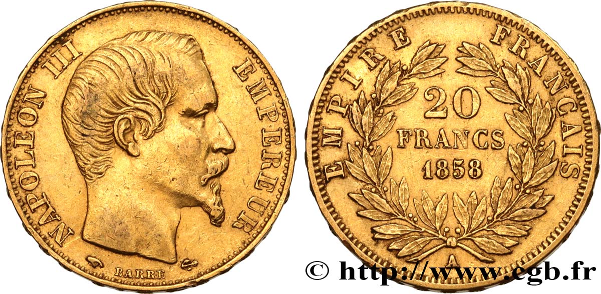20 francs or Napoléon III, tête nue 1858 Paris F.531/13 BB48 