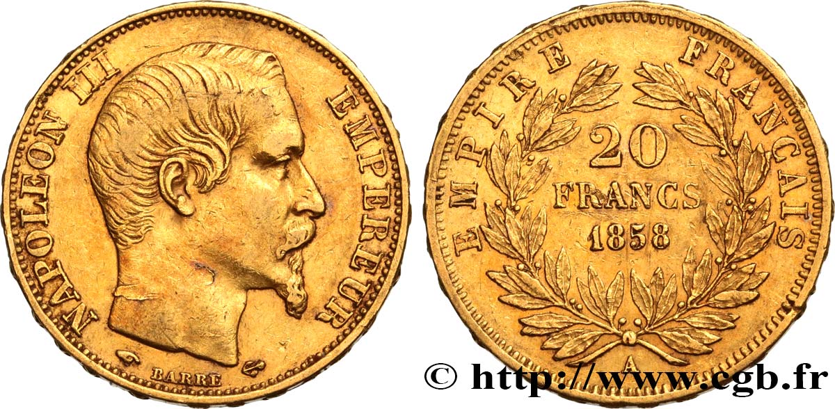 20 francs or Napoléon III, tête nue 1858 Paris F.531/13 SS 