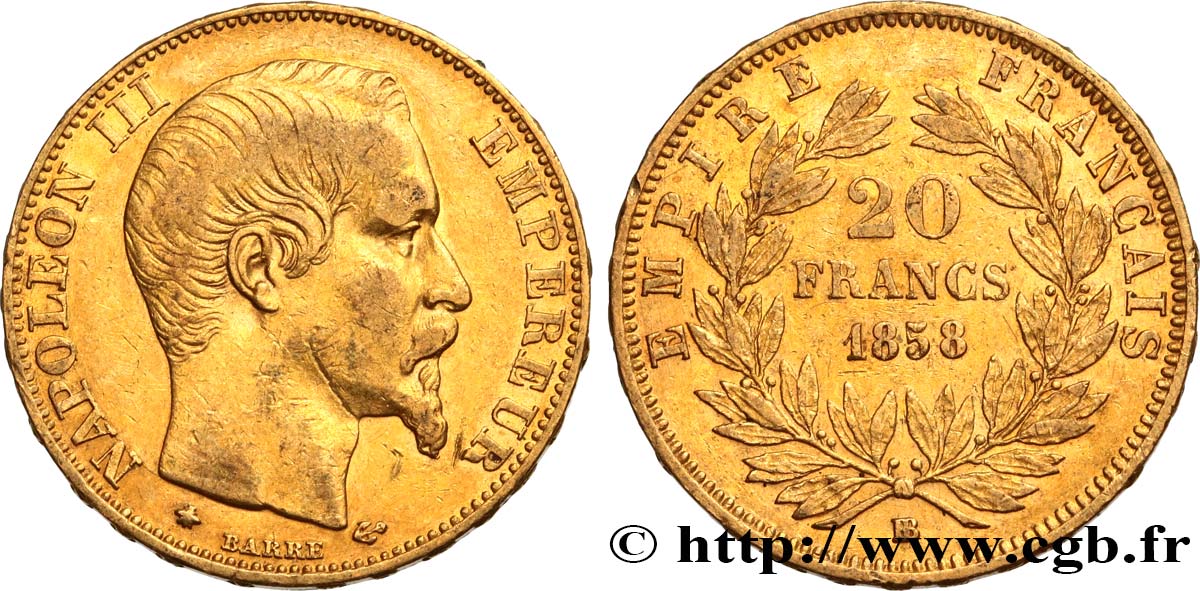 20 francs or Napoléon III, tête nue 1858 Strasbourg F.531/14 MBC 