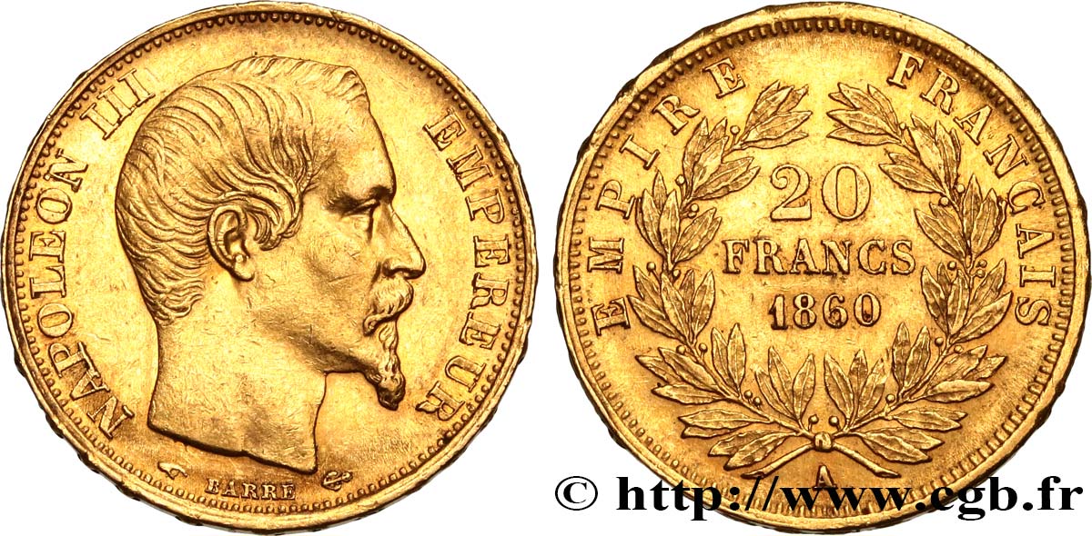 20 francs or Napoléon III, tête nue 1860 Paris F.531/18 SS52 