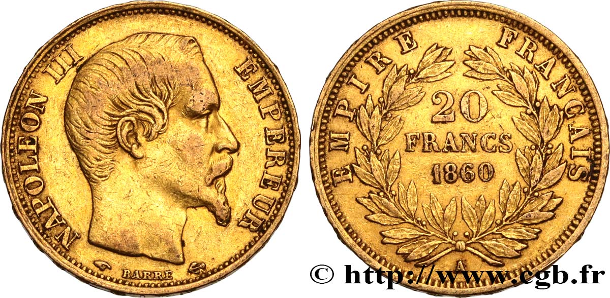 20 francs or Napoléon III, tête nue 1860 Paris F.531/18 XF40 