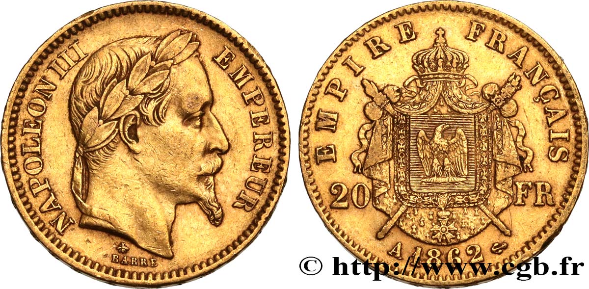 20 francs or Napoléon III, tête laurée, grand A 1862 Paris F.532/4 XF45 