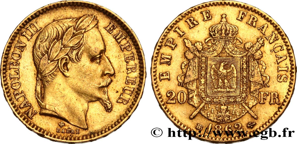 20 francs or Napoléon III, tête laurée 1862 Strasbourg F.532/5 TTB45 