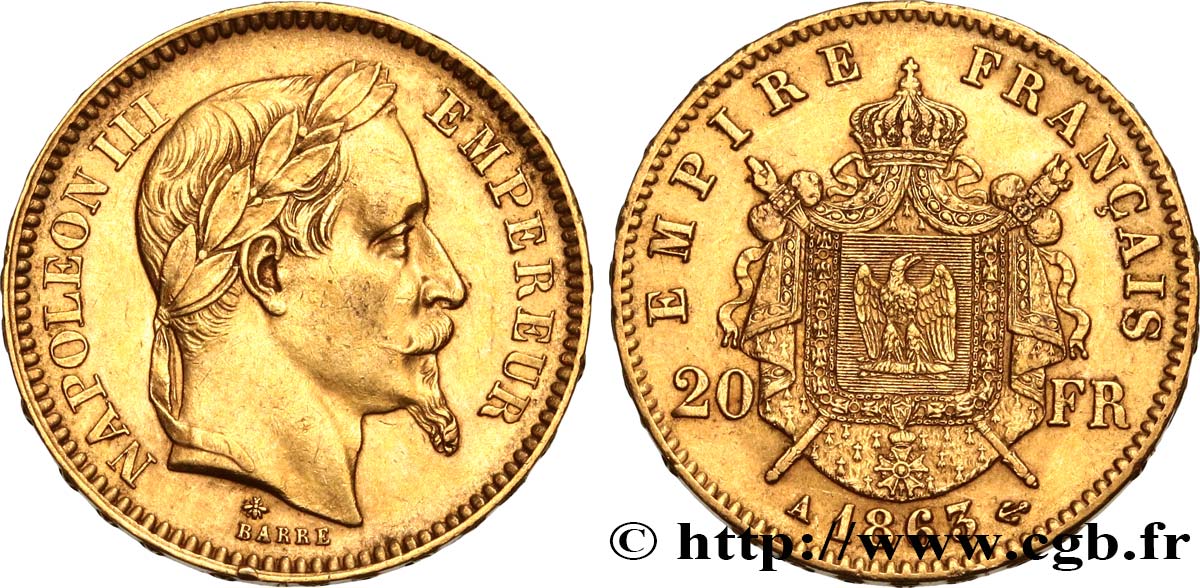20 francs or Napoléon III, tête laurée 1863 Paris F.532/6 XF48 