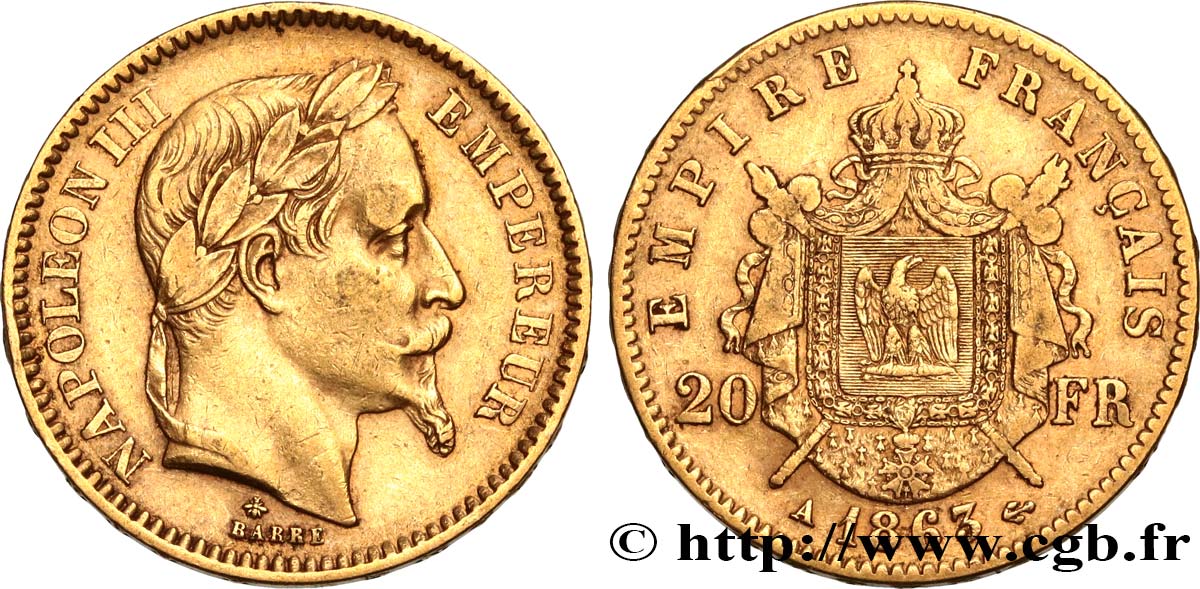 20 francs or Napoléon III, tête laurée 1863 Paris F.532/6 S35 