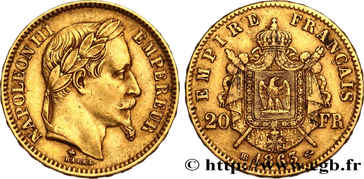 20 francs or Napoléon III, tête laurée 1863 Strasbourg F.532/7 MBC40 