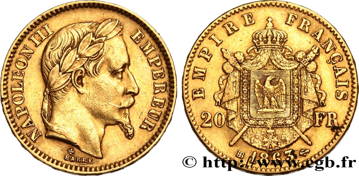 20 francs or Napoléon III, tête laurée 1863 Strasbourg F.532/7 XF40 