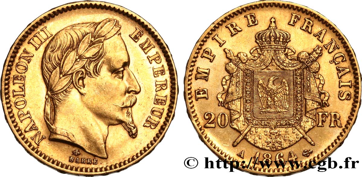 20 francs or Napoléon III, tête laurée 1864 Paris F.532/8 fVZ 