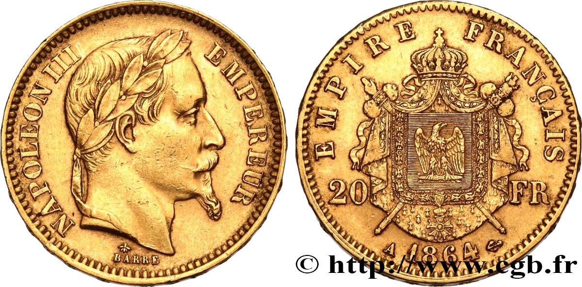 20 francs or Napoléon III, tête laurée 1864 Paris F.532/8 SS45 