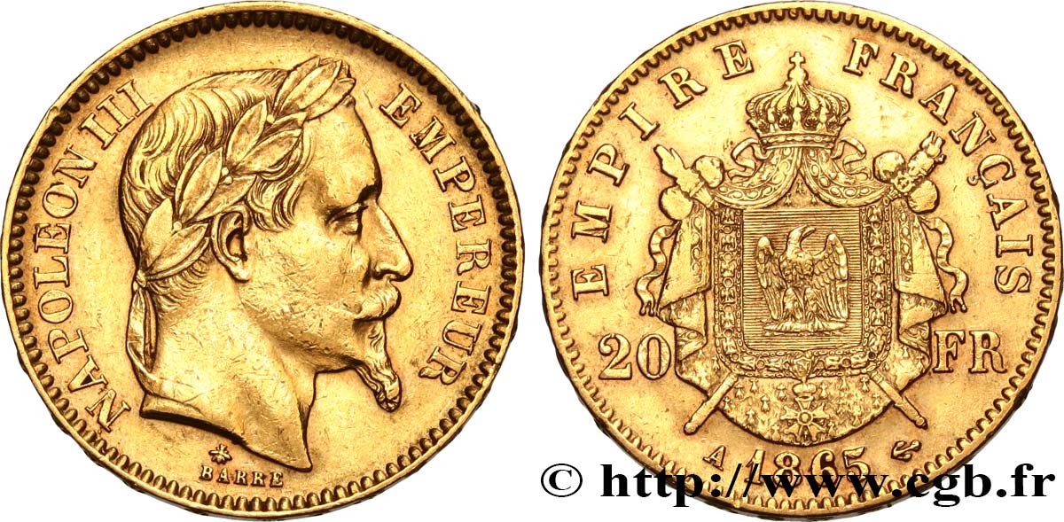 20 francs or Napoléon III, tête laurée 1865 Paris F.532/11 XF 