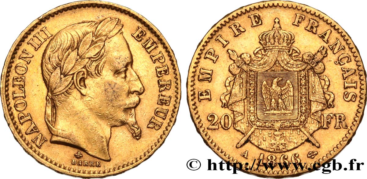 20 francs or Napoléon III, tête laurée 1866 Paris F.532/13 SS40 