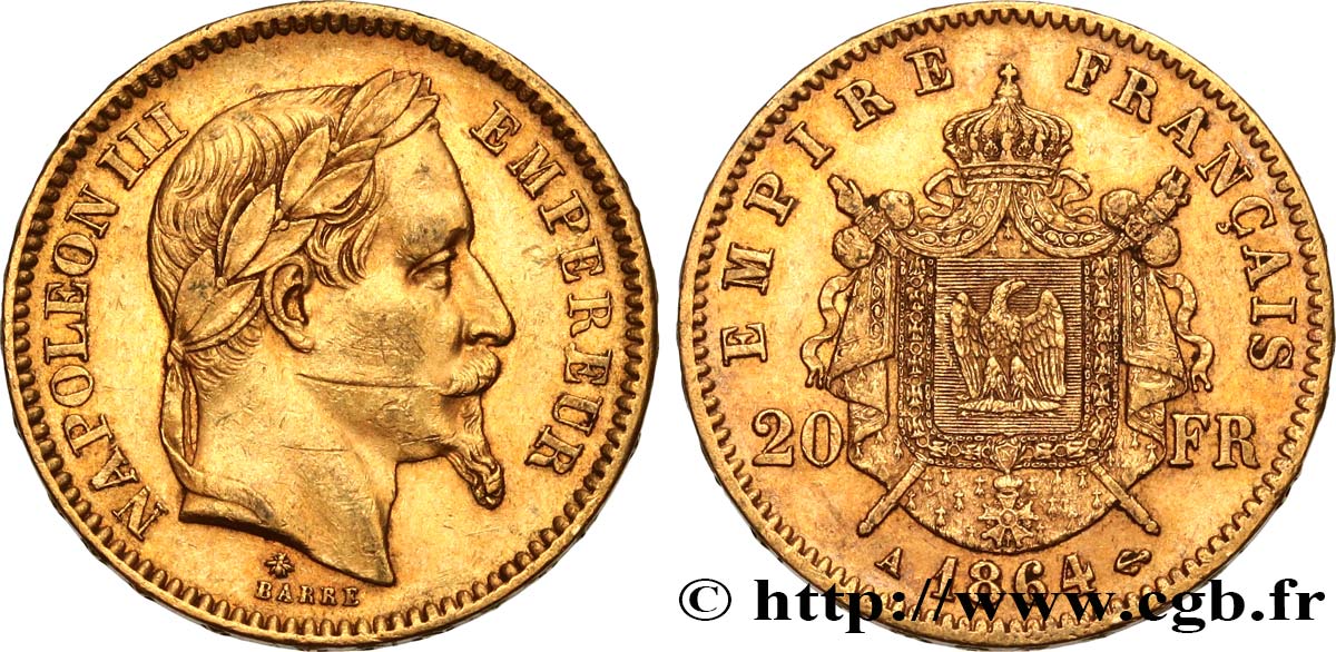 20 francs or Napoléon III, tête laurée 1864 Paris F.532/8 MBC 