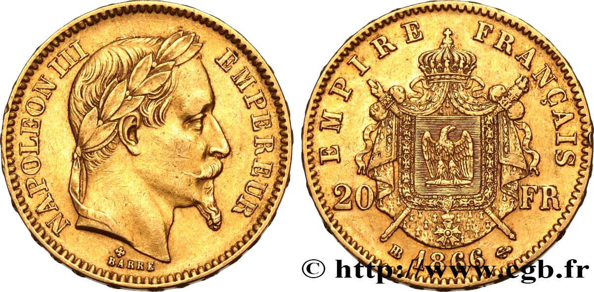 20 francs or Napoléon III, tête laurée 1866 Strasbourg F.532/14 BB45 