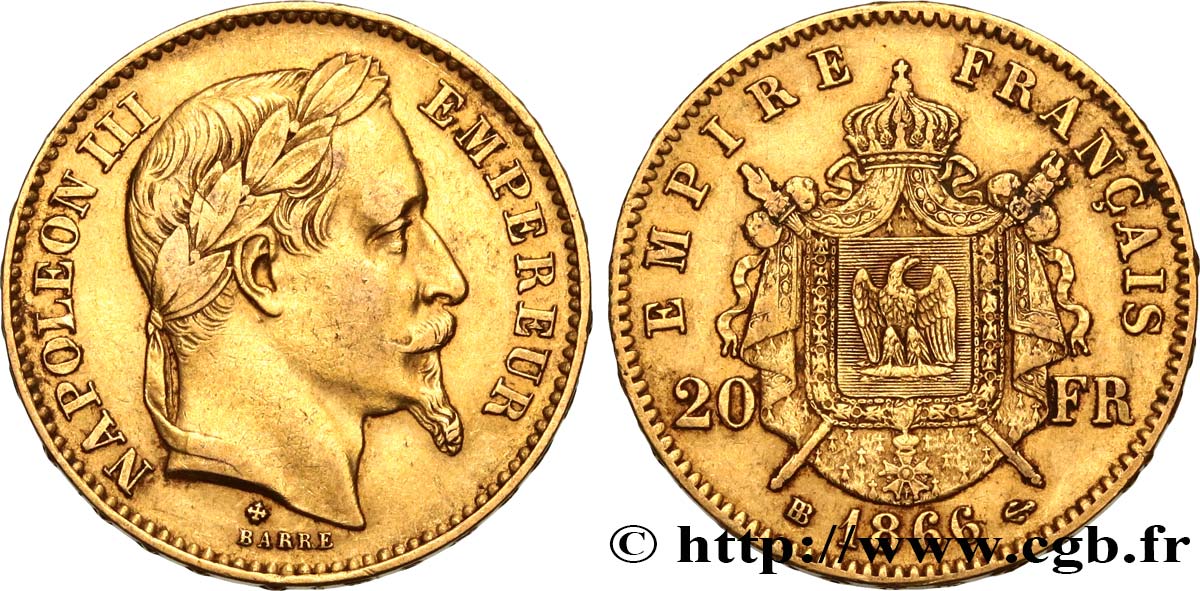 20 francs or Napoléon III, tête laurée 1866 Strasbourg F.532/14 XF40 