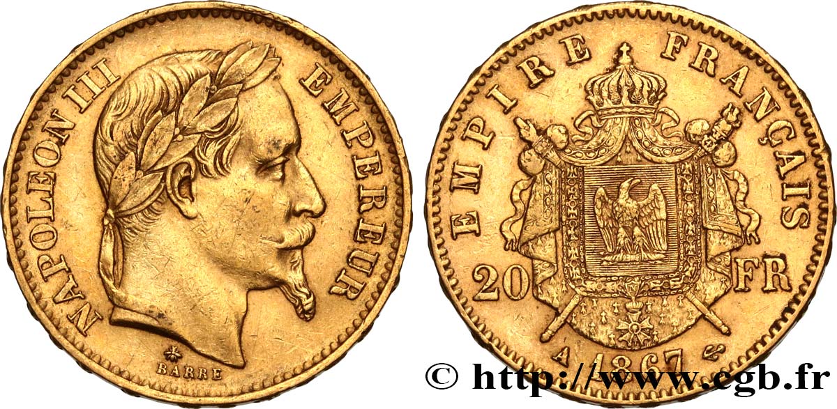 20 francs or Napoléon III, tête laurée 1867 Paris F.532/15 TTB48 