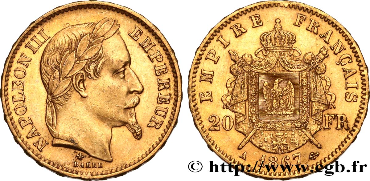 20 francs or Napoléon III, tête laurée 1867 Paris F.532/15 AU50 
