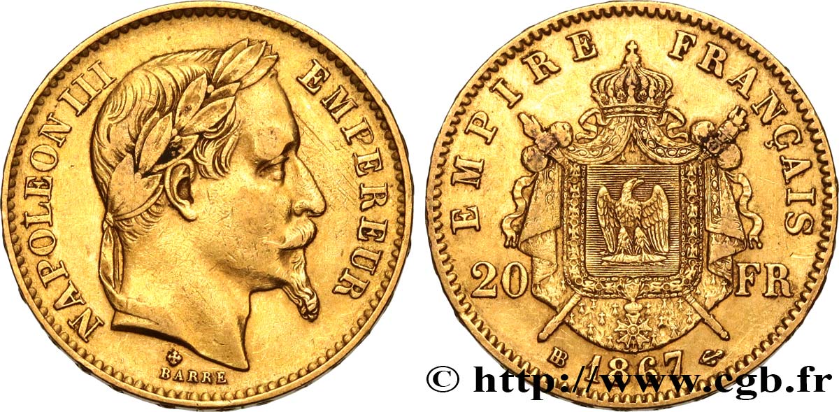20 francs or Napoléon III, tête laurée 1867 Strasbourg F.532/16 XF40 