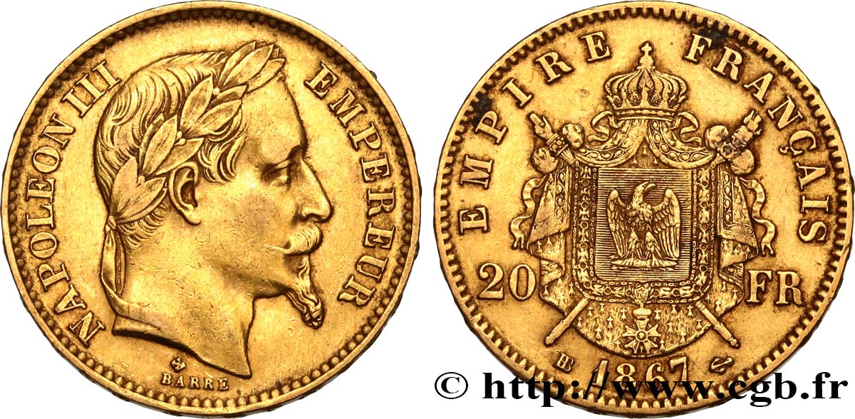 20 francs or Napoléon III, tête laurée 1867 Strasbourg F.532/16 XF45 