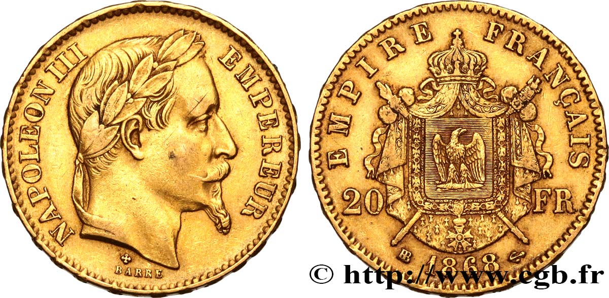 20 francs or Napoléon III, tête laurée 1868 Strasbourg F.532/19 MBC40 