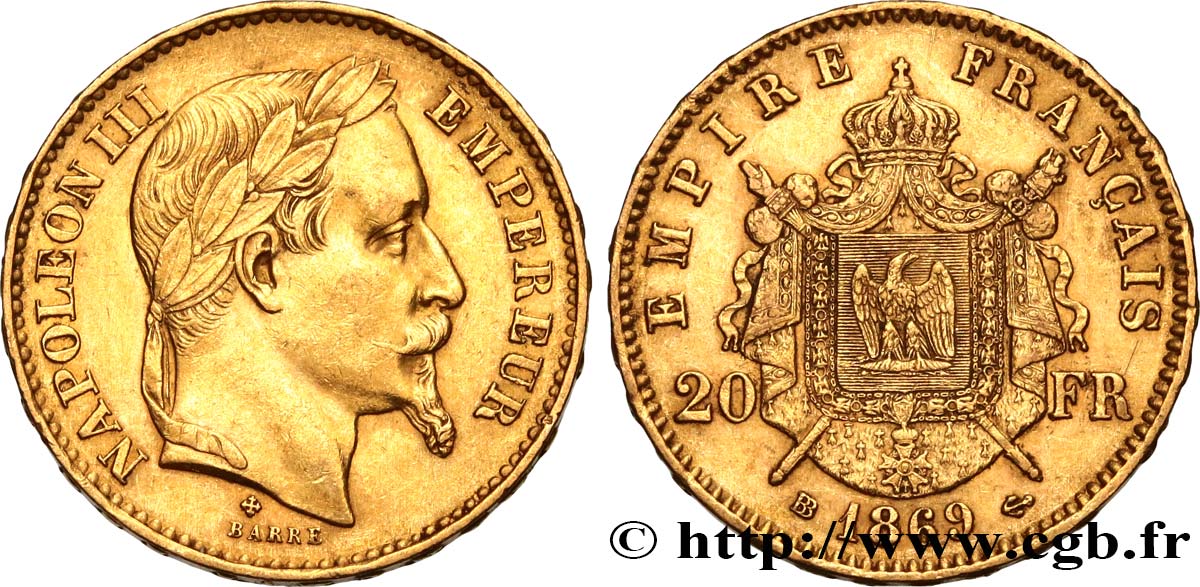 20 francs or Napoléon III, tête laurée 1869 Strasbourg F.532/21 XF48 
