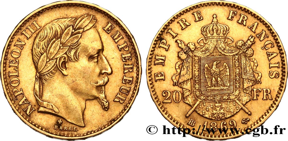 20 francs or Napoléon III, tête laurée, grand BB 1869 Strasbourg F.532/22 BB48 