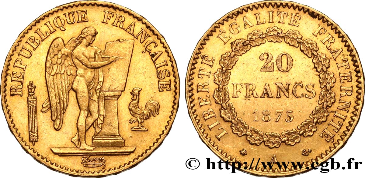 20 francs or Génie, IIIe République 1875 Paris F.533/3 AU50 