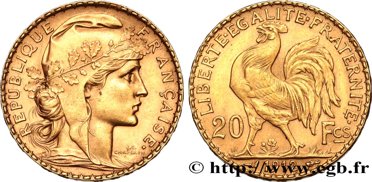20 francs or Coq, Liberté Égalité Fraternité 1912 Paris F.535/6 SPL 
