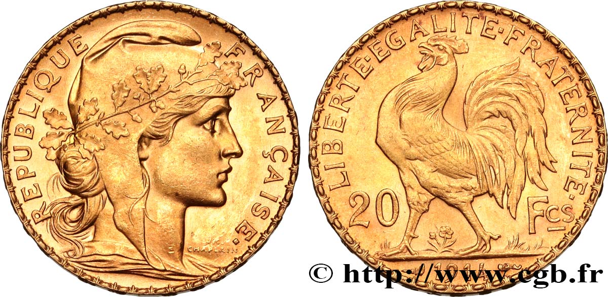 20 francs or Coq, Liberté Égalité Fraternité 1914 Paris F.535/8 EBC+ 