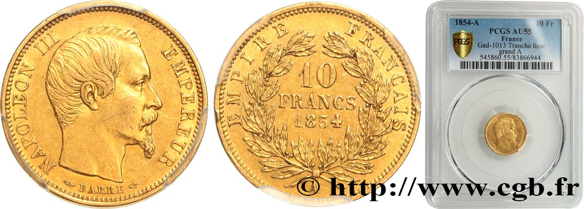 10 francs or Napoléon III, tête nue, petit module, tranche lisse 1854 Paris F.505/1 SPL55 PCGS