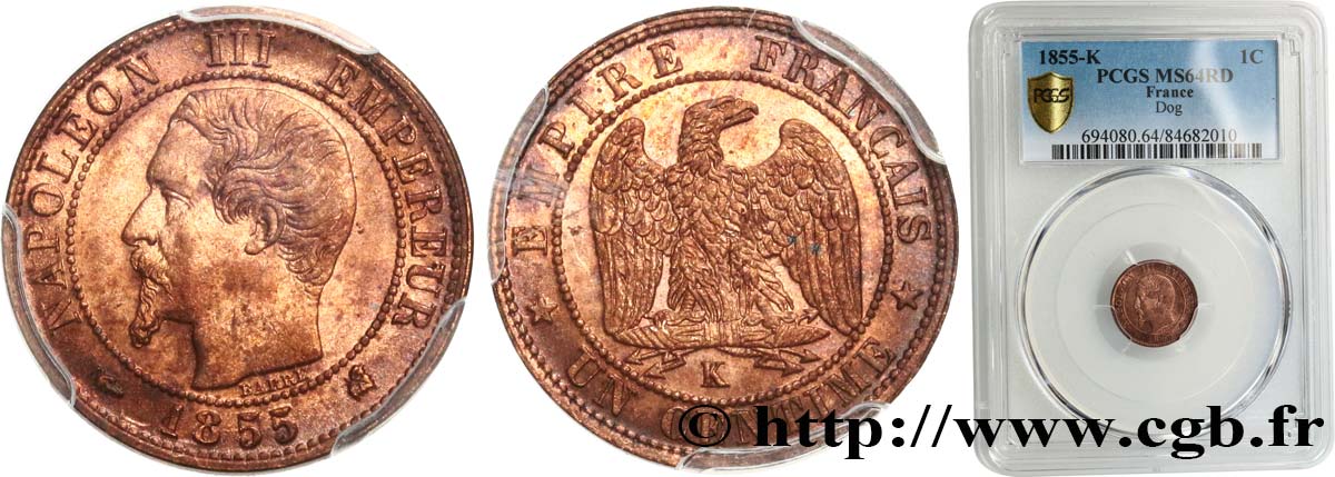 Un centime Napoléon III, tête nue 1855 Bordeaux F.102/22 SPL64 PCGS
