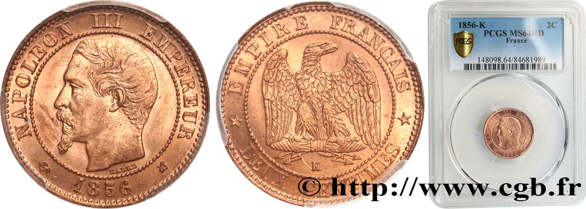 Deux centimes Napoléon III, tête nue 1856 Bordeaux F.107/41 MS64 PCGS