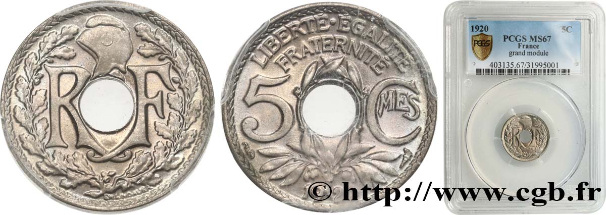 5 centimes Lindauer, grand module 1920  F.121/4 FDC67 PCGS