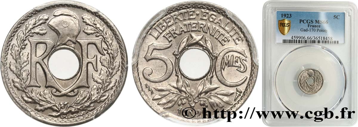 5 centimes Lindauer, petit module 1923 Poissy F.122/7 ST66 PCGS