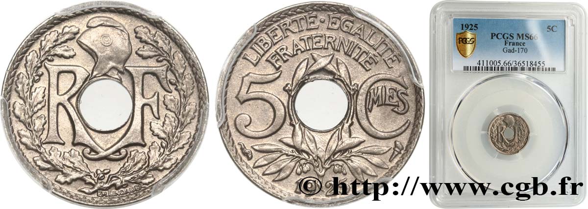 5 centimes Lindauer, petit module 1925 Paris F.122/10 MS66 PCGS