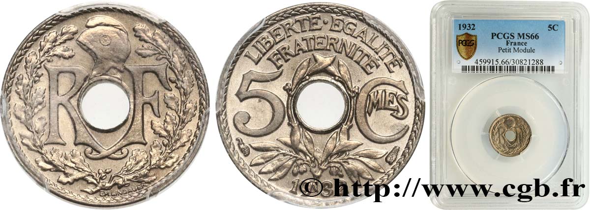 5 centimes Lindauer, petit module 1932 Paris F.122/15 MS66 PCGS