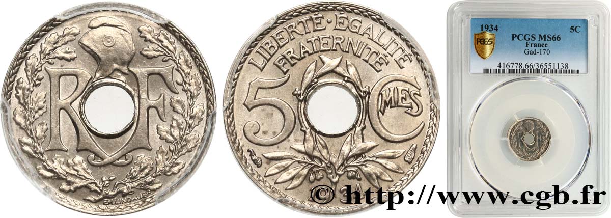 5 centimes Lindauer, petit module 1934 Paris F.122/17 ST66 PCGS