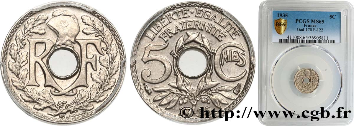 5 centimes Lindauer, petit module 1935 Paris F.122/18 ST65 PCGS