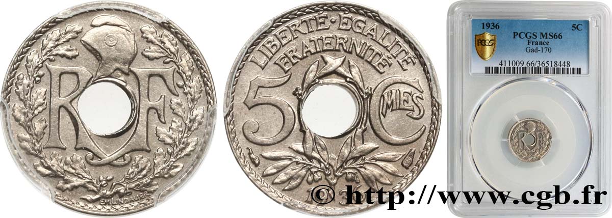 5 centimes Lindauer, petit module 1936  F.122/19 MS66 PCGS