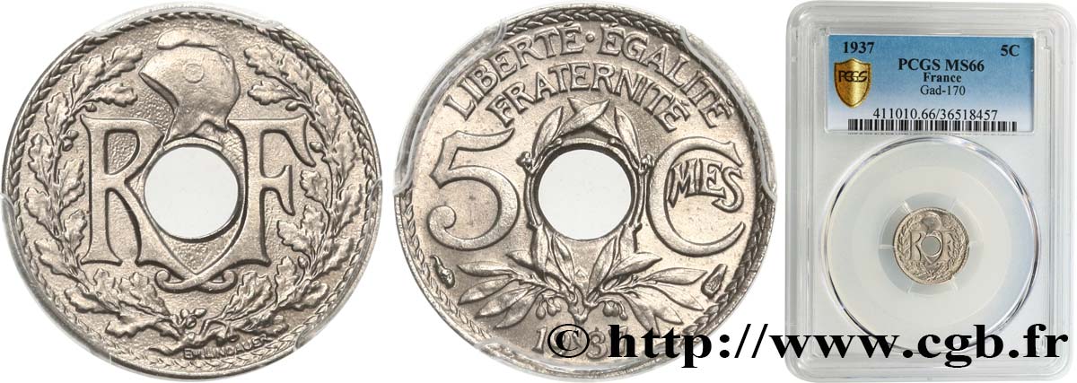 5 centimes Lindauer, petit module 1937 Paris F.122/20 MS66 PCGS