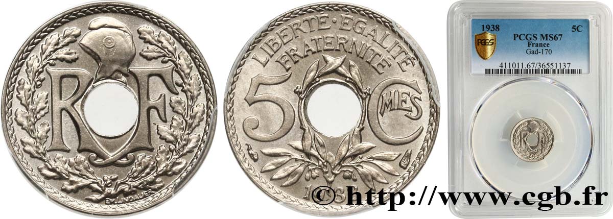 5 centimes Lindauer, petit module 1938 Paris F.122/21 FDC67 PCGS