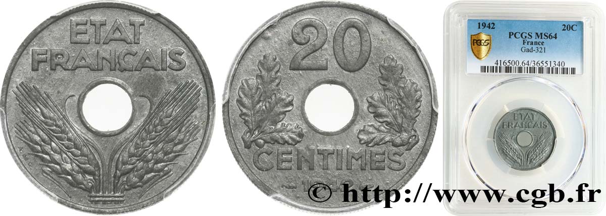 20 centimes État français 1942  F.153/4 MS64 PCGS
