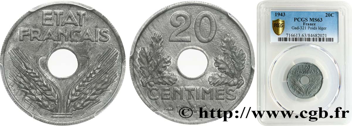 20 centimes État français, légère 1943  F.153A/1 SPL63 PCGS